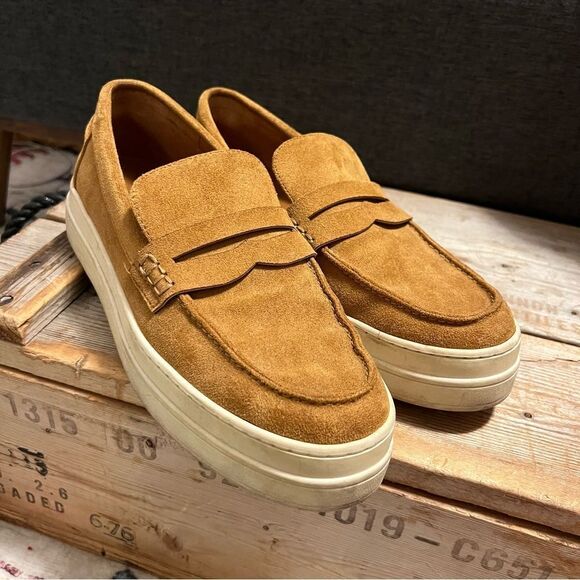 Chic J/Slides Cognac Tan Suede Menswear Inspired Platform Loafer Sneakers - Picture 4 of 12